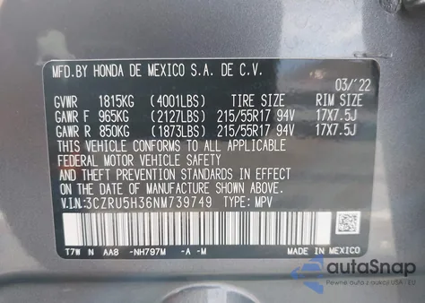 2022 Honda Hr-V 2Wd Lx from USA, damaged, VIN 3CZRU5H36NM739749